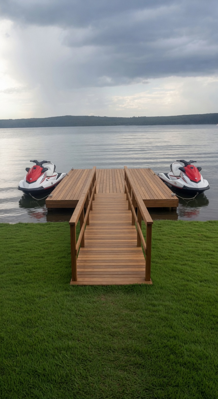 Passarela de acesso à água com flutuante e jet ski nas laterais